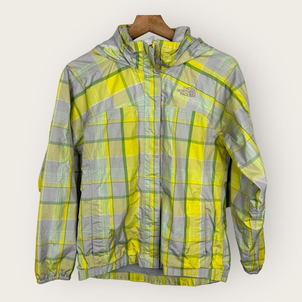 The North Face Girls 14/16 Large Hyvent Hooded Rain Jacket Yellow Plaid Check
